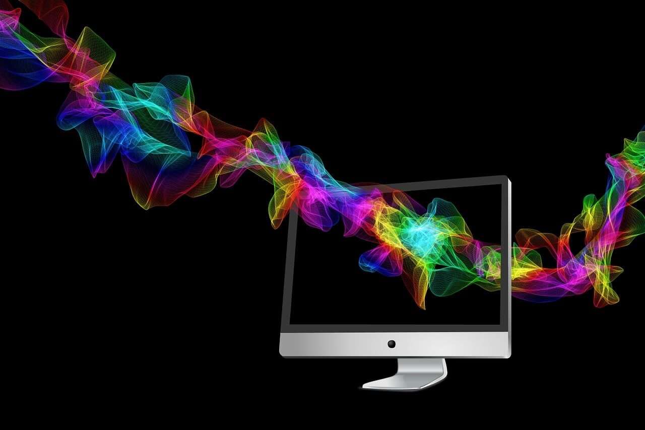 computer, monitor, waves, colorful, rainbow, rainbow colors, particles, colors, nature, wave, abstract, screen, computer screen, computer monitor, design, movement, abstract design, abstract waves